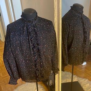 Blouse with Puffy-long-Sleeve Top with Mock Neckline, with buttons